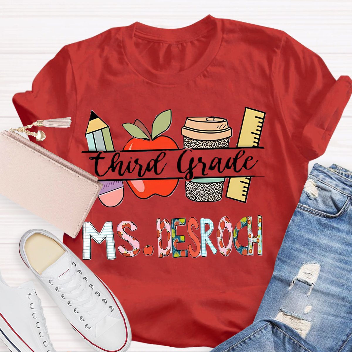 Personalized Grade And Name  Flower Letter Teacher T-Shirt