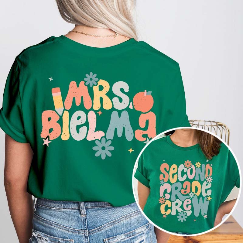 Personalized Name And Grade Bloom Flowers Teacher Two Sided T-Shirt