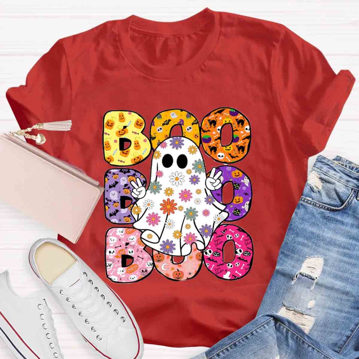 BOO Floral Ghost Print Halloween T-Shirt