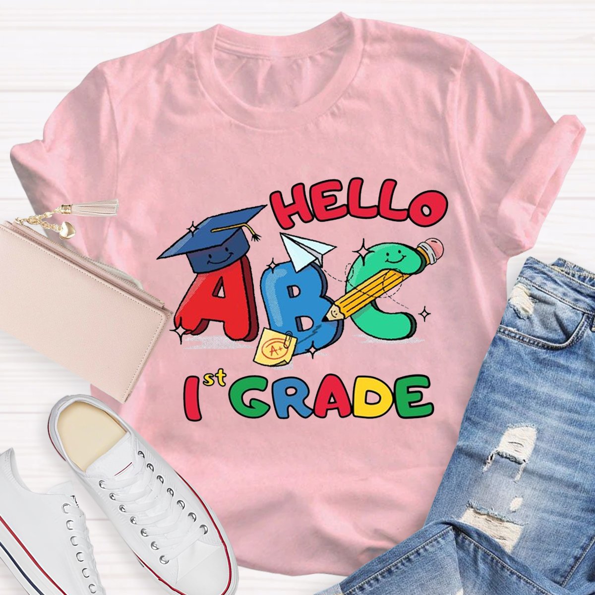 Personalized Hello Abc 1 St Grade Teacher Shirt