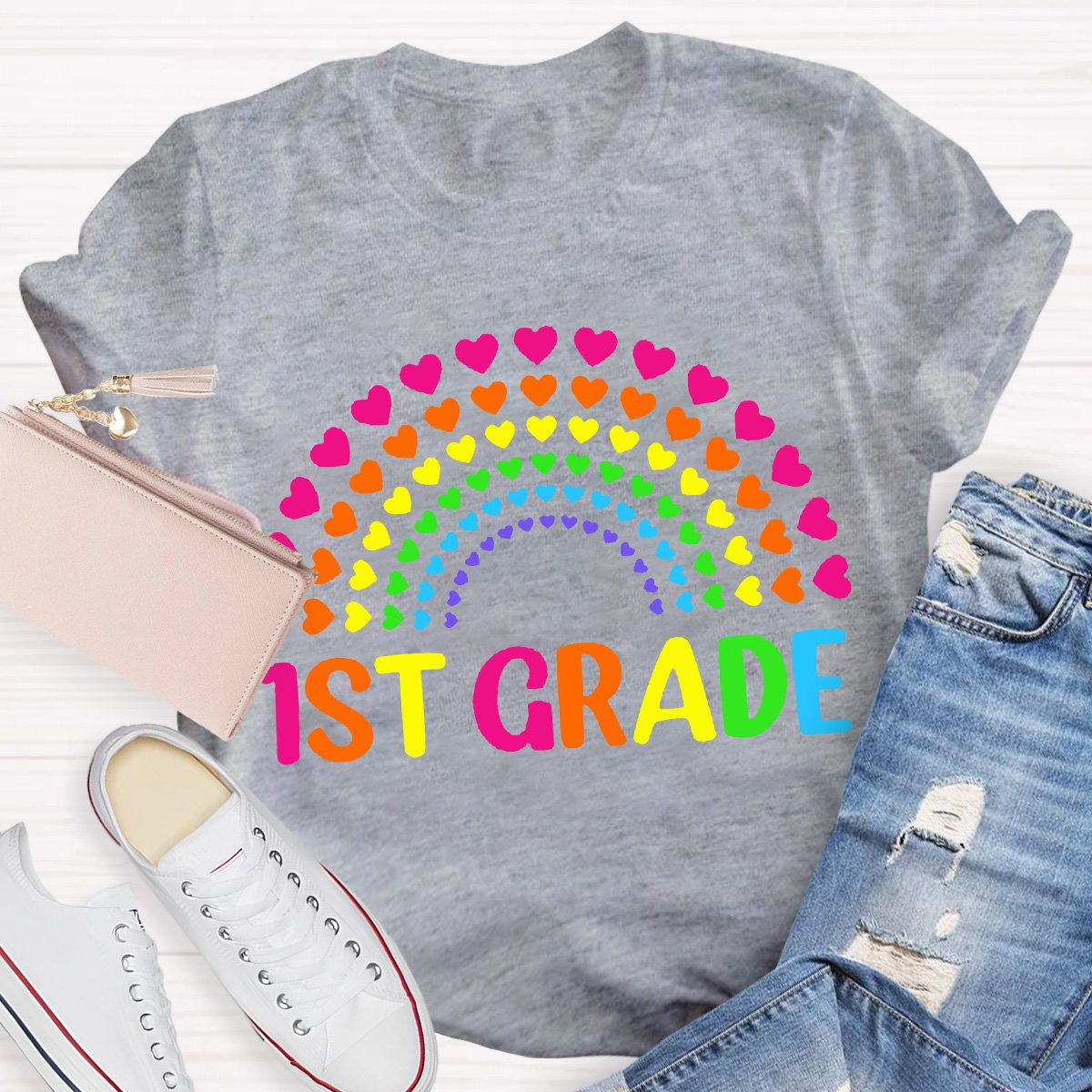 Personalized Grade Teacher Heart Rainbow Shirt