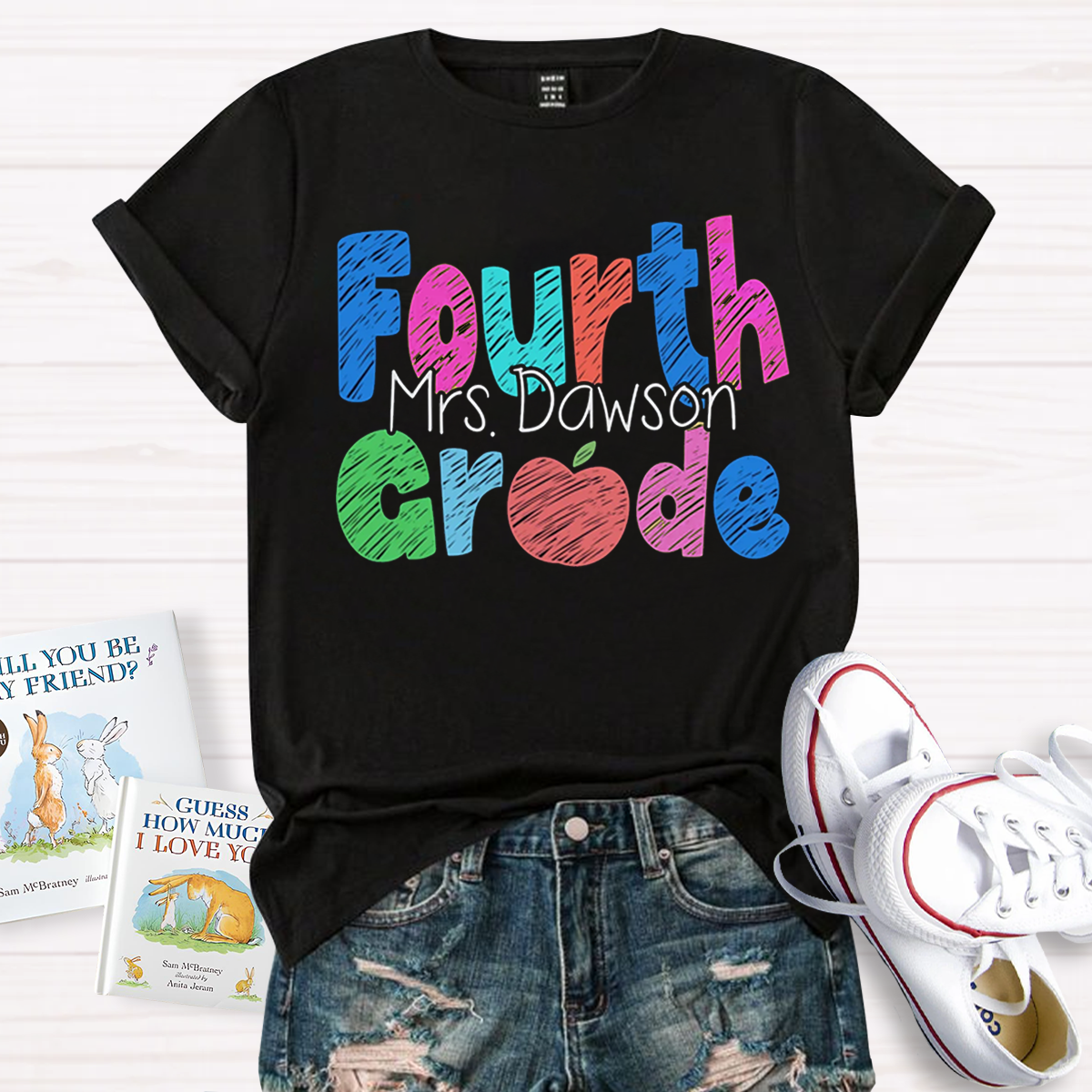 Personalize Grade Rainbow Apple Cute 4th Grade Teacher T-Shirt