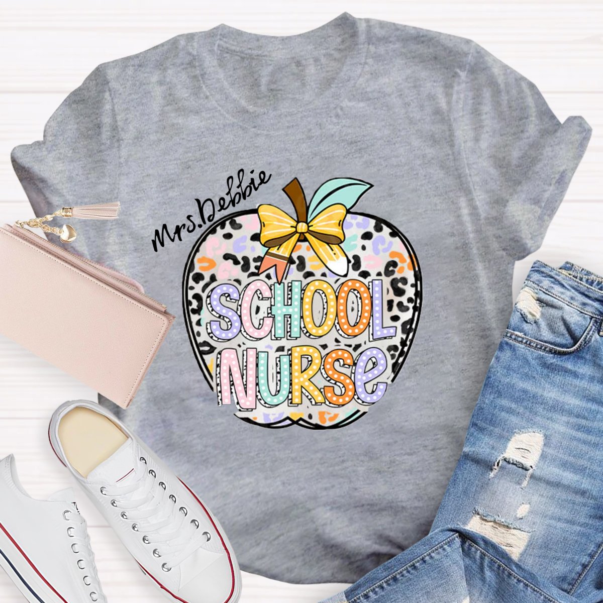 Personalized School Nurse Name Apple Printed T-shirt