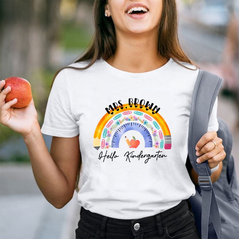 Personalized Name And Grade Ruler Pencil Apple Rainbow Teacher T-Shirt