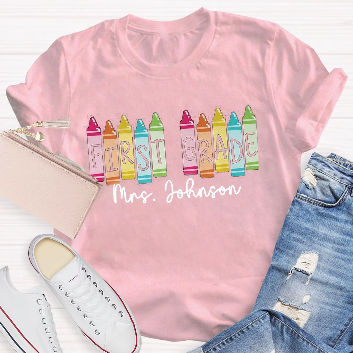 Personalized Grade And Name Colored Crayons T-Shirt