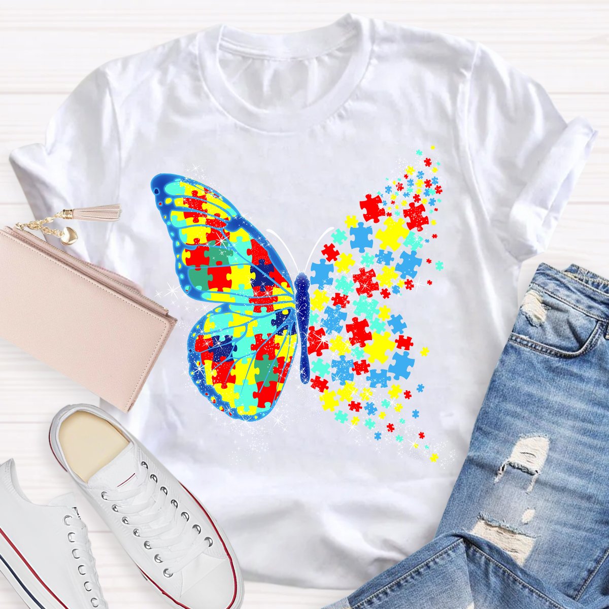 Colorful Puzzle Butterfly Teacher T-Shirt