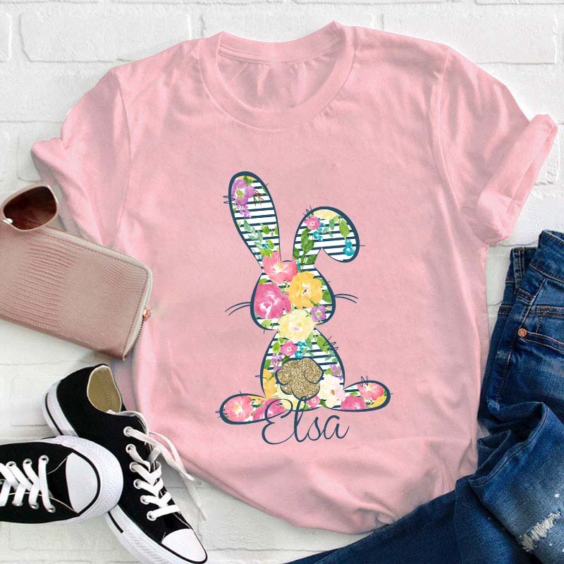 Personalized Floral Bunny Teacher T-Shirt