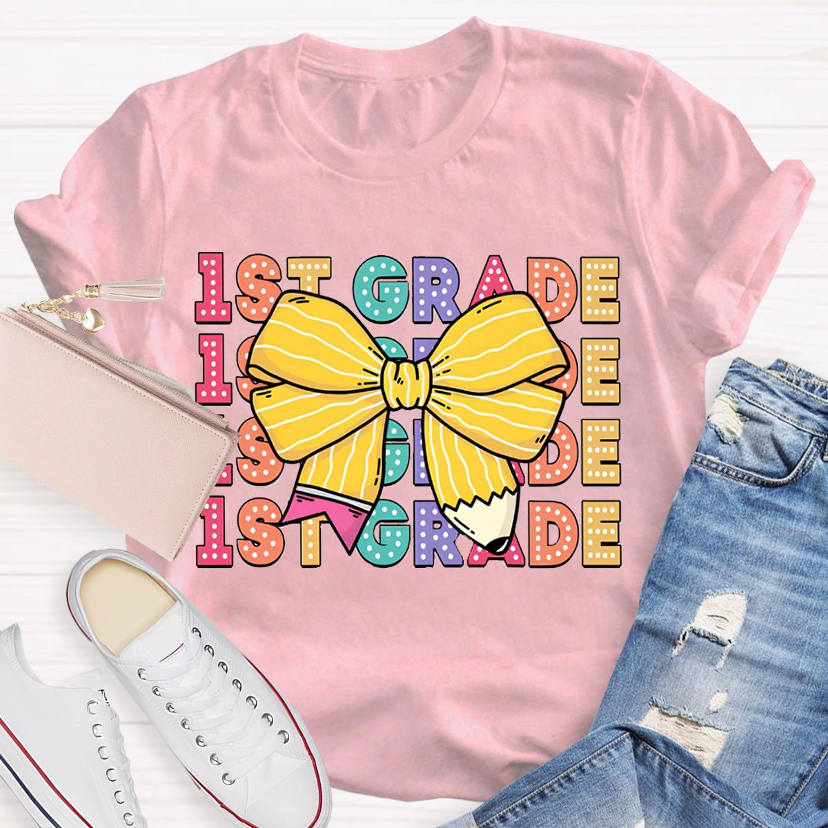 Personalized Grade Bow Pencil Design T-Shirt