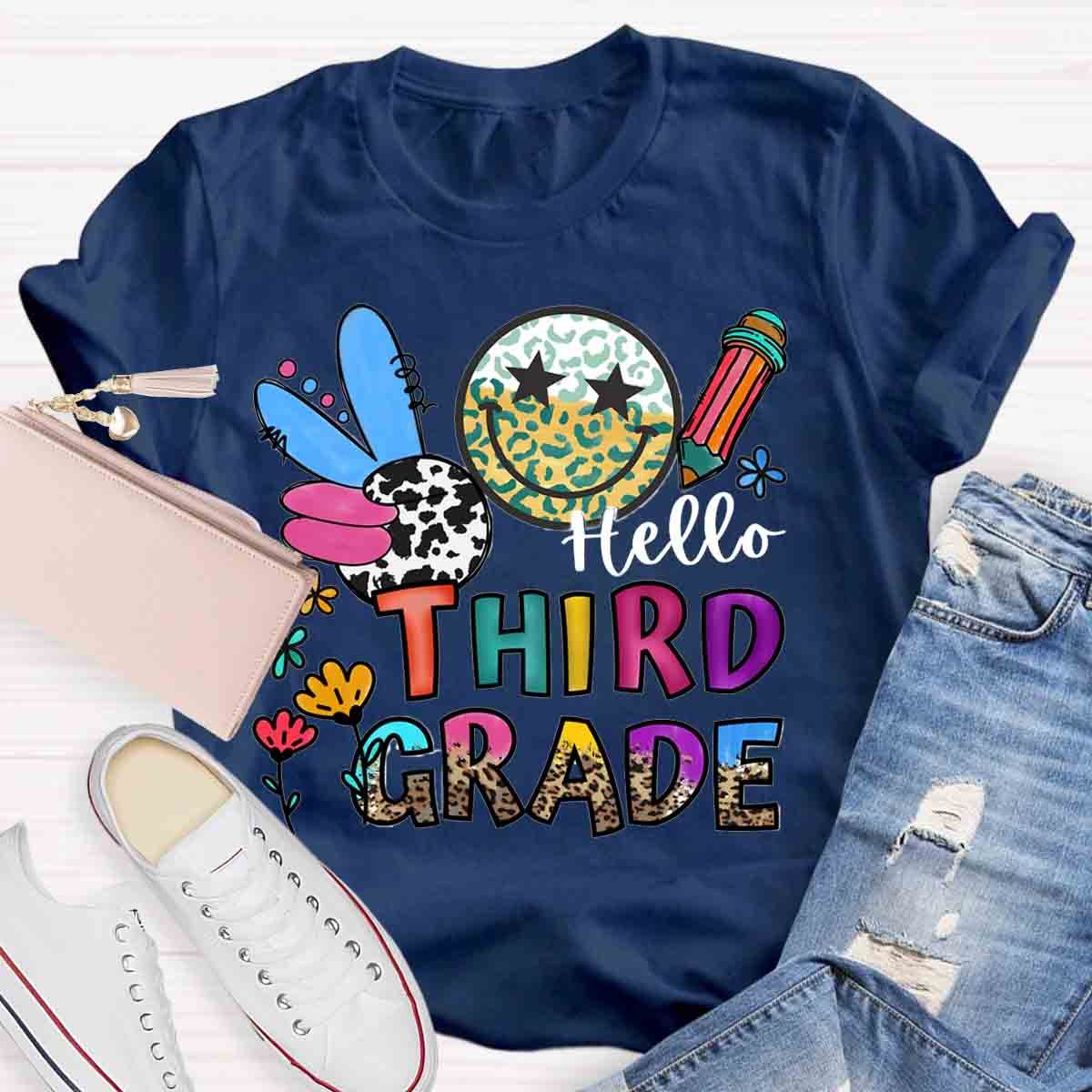 Personalized Grade Leopard Smiley Pencil T-Shirt