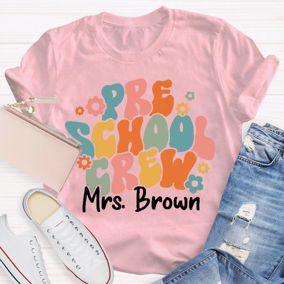 Personalized Name Preschool Teacher Crew T-Shirt