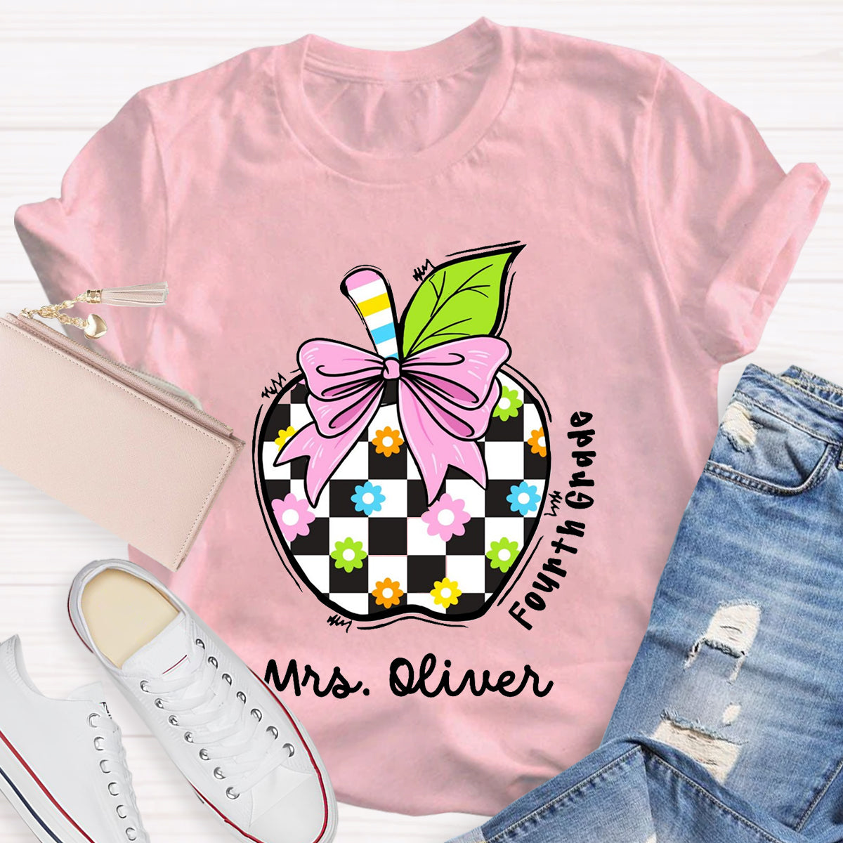 Personalized Grade And Name Colourful Check Print Apple T-Shirt