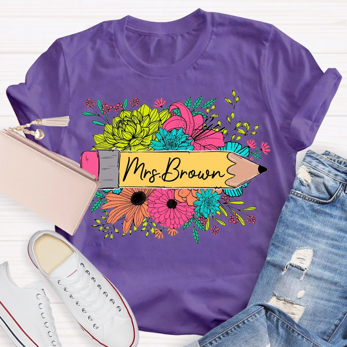 Personalized Name Floral Teacher Shirt