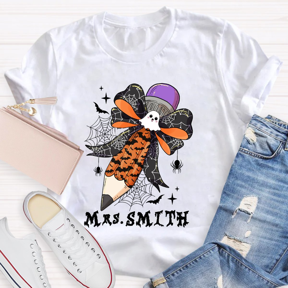 Personalized Name Halloween Bat Spider Pencil Print T-Shirt