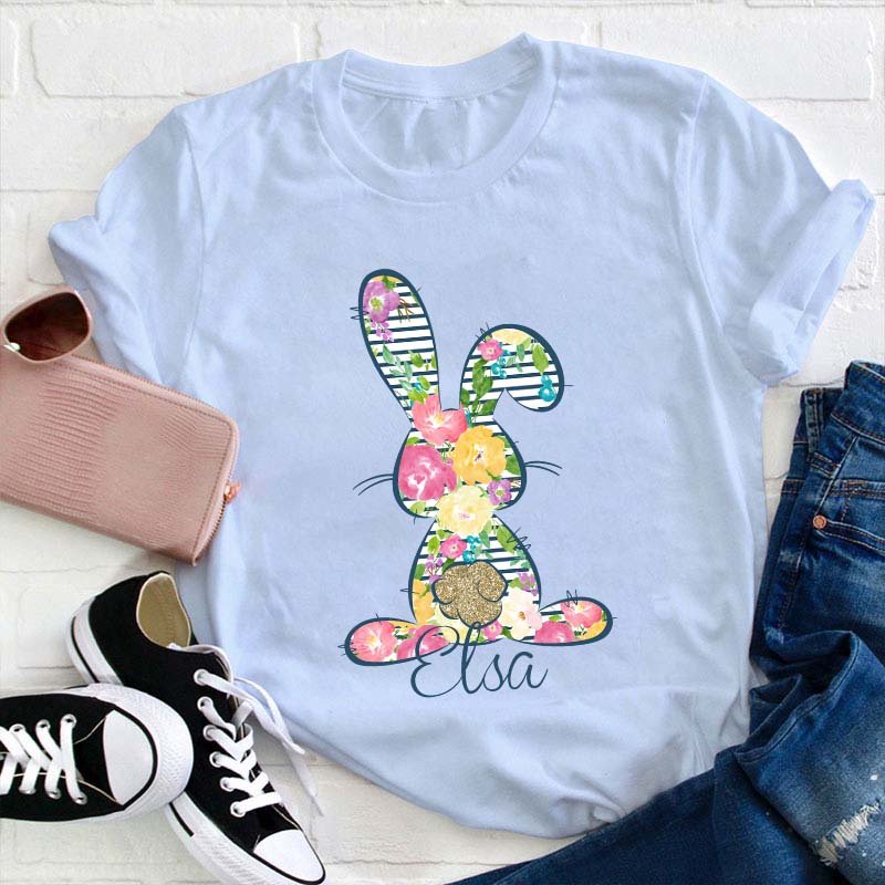 Personalized Floral Bunny Teacher T-Shirt