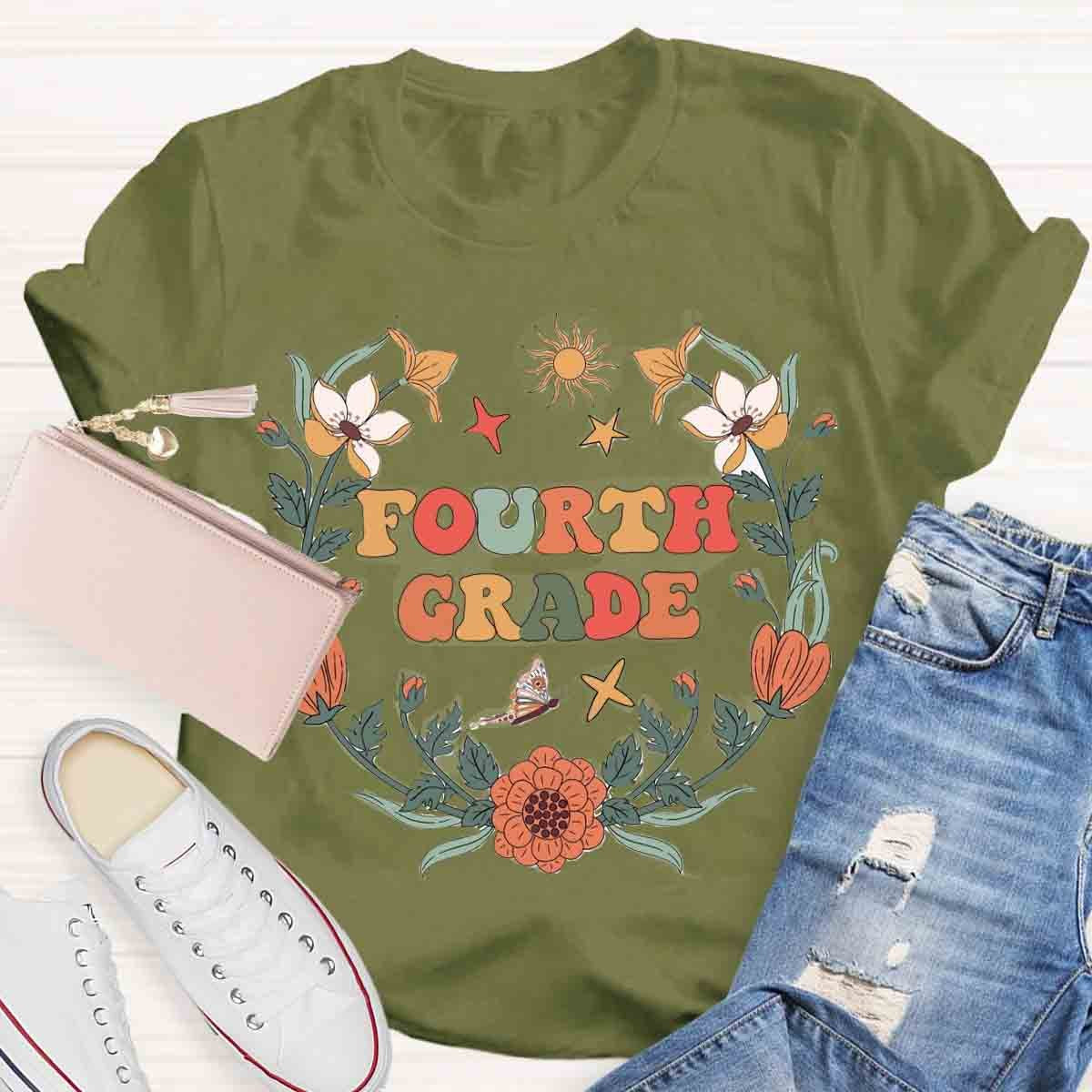 Personalized Grade Wildflowers Fourth Grade Teacher Shirt