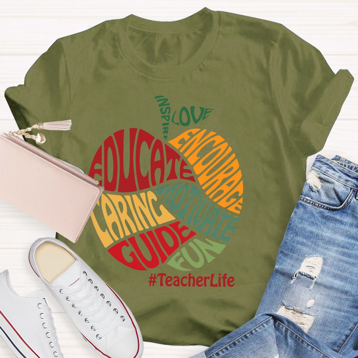 Colorful Apple Typography Caring Guide Educate T-Shirt