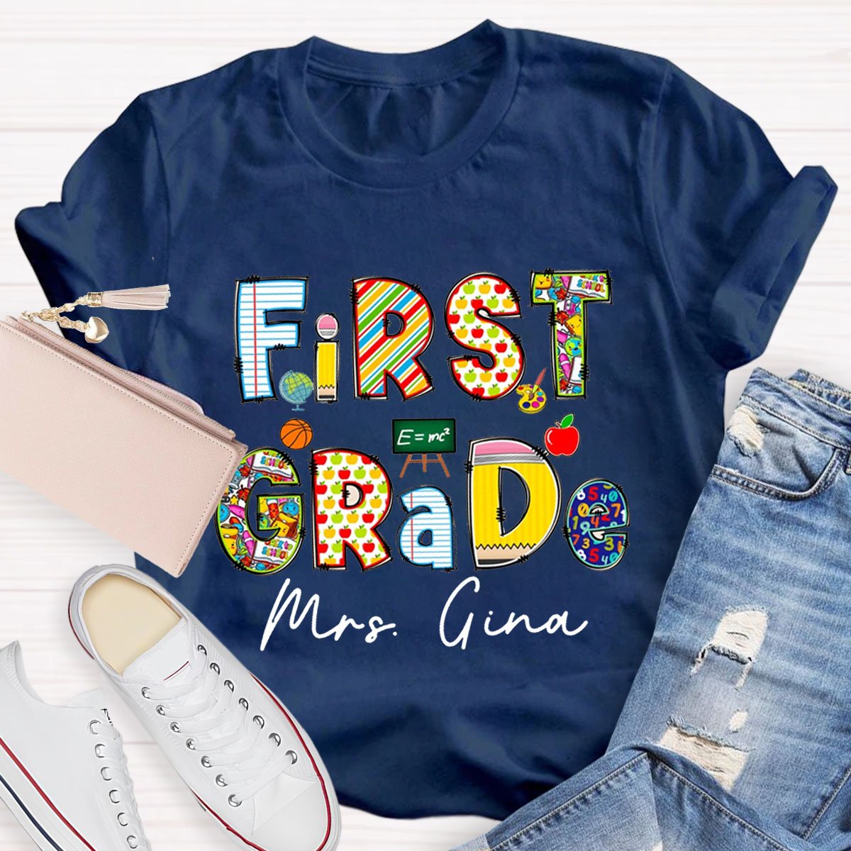 Personalized Funny Design Grade And Name Teacher T-Shirt