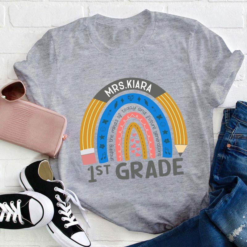 Personalized Name And Grade Pencil Rainbow Teacher T-Shirt