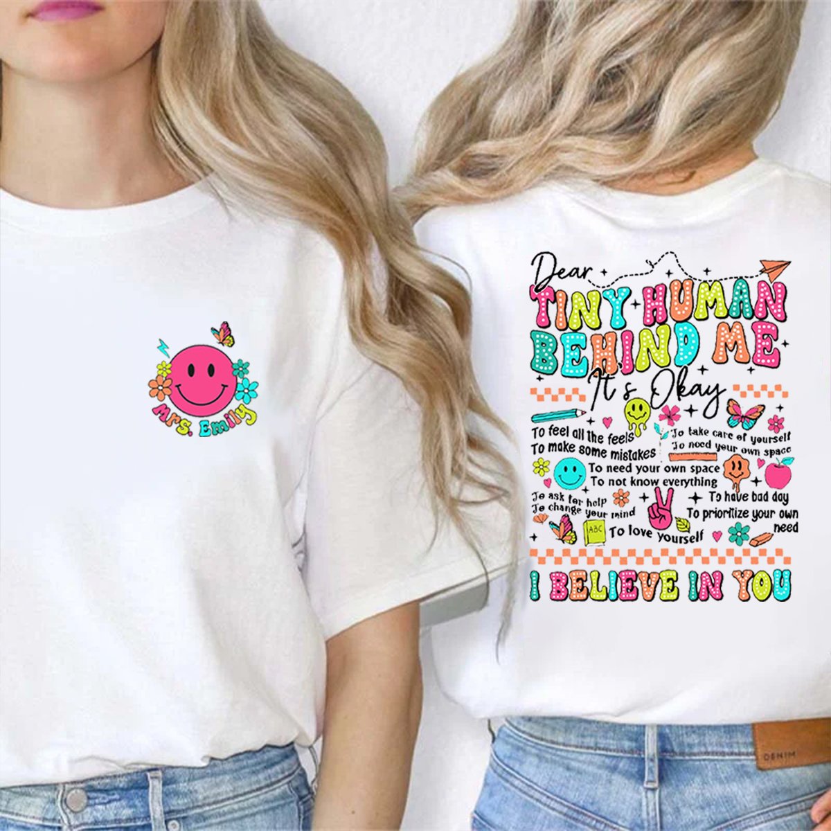 Personalized Tiny Humans Behind Me Double-Sided Teacher Shirt