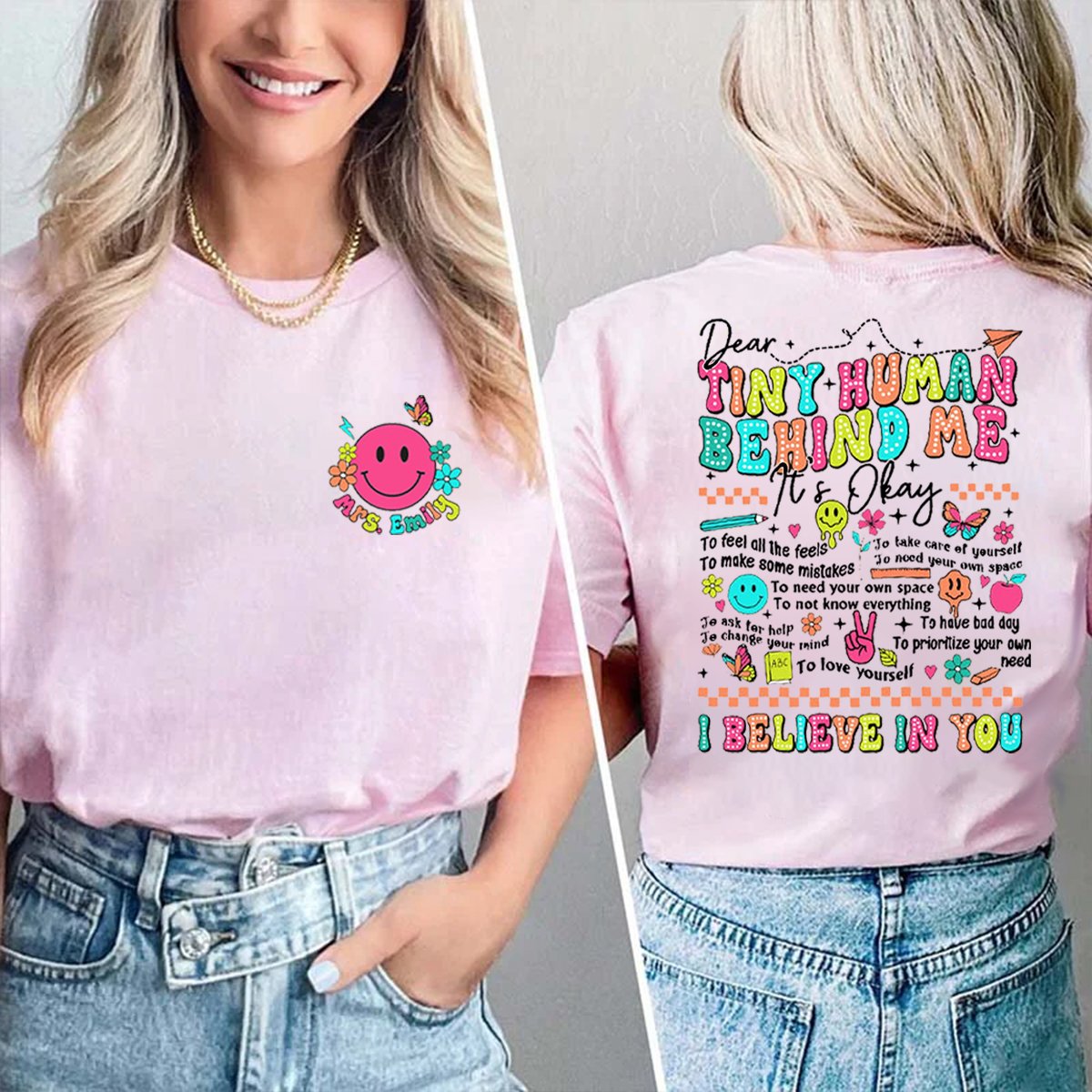 Personalized Tiny Humans Behind Me Double-Sided Teacher Shirt