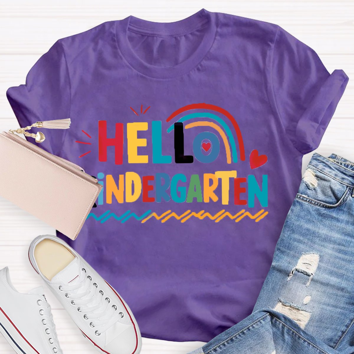 Personalized Grade Hello Kindergarten Rainbow First Day Of School T-Shirt