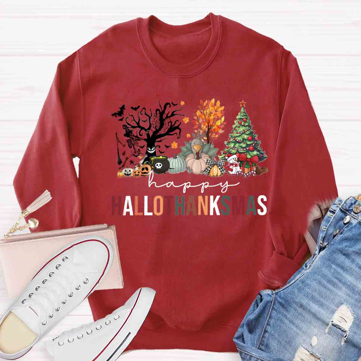 Happy Hallothanksmas Halloween Fall and Christmas Sweatshirt