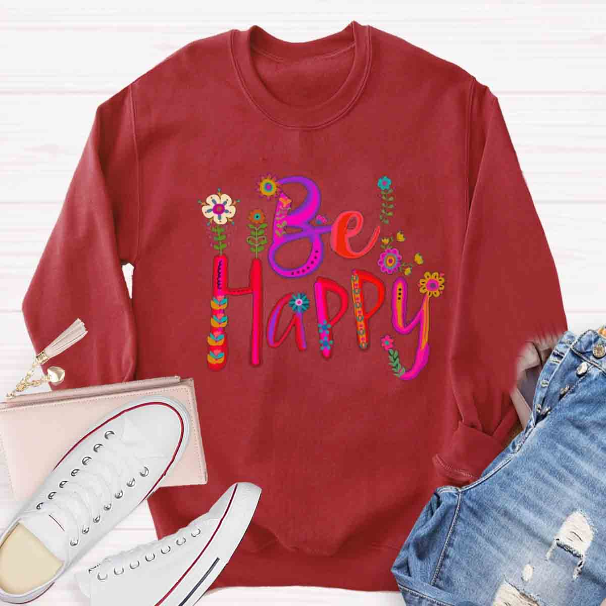 Be Happy Art Floral Sweatshirt