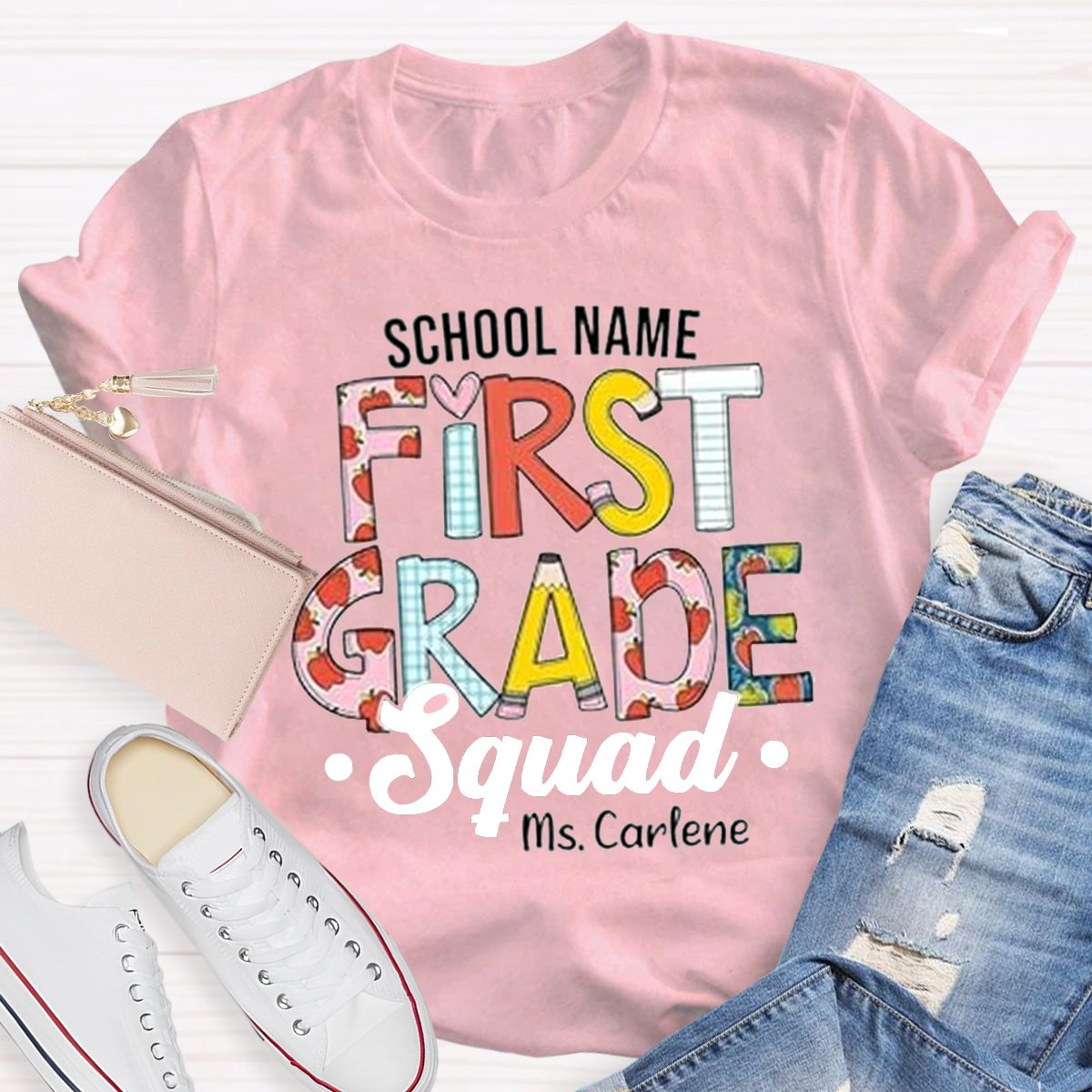 Personalized School Name And First Grade Teacher Shirt