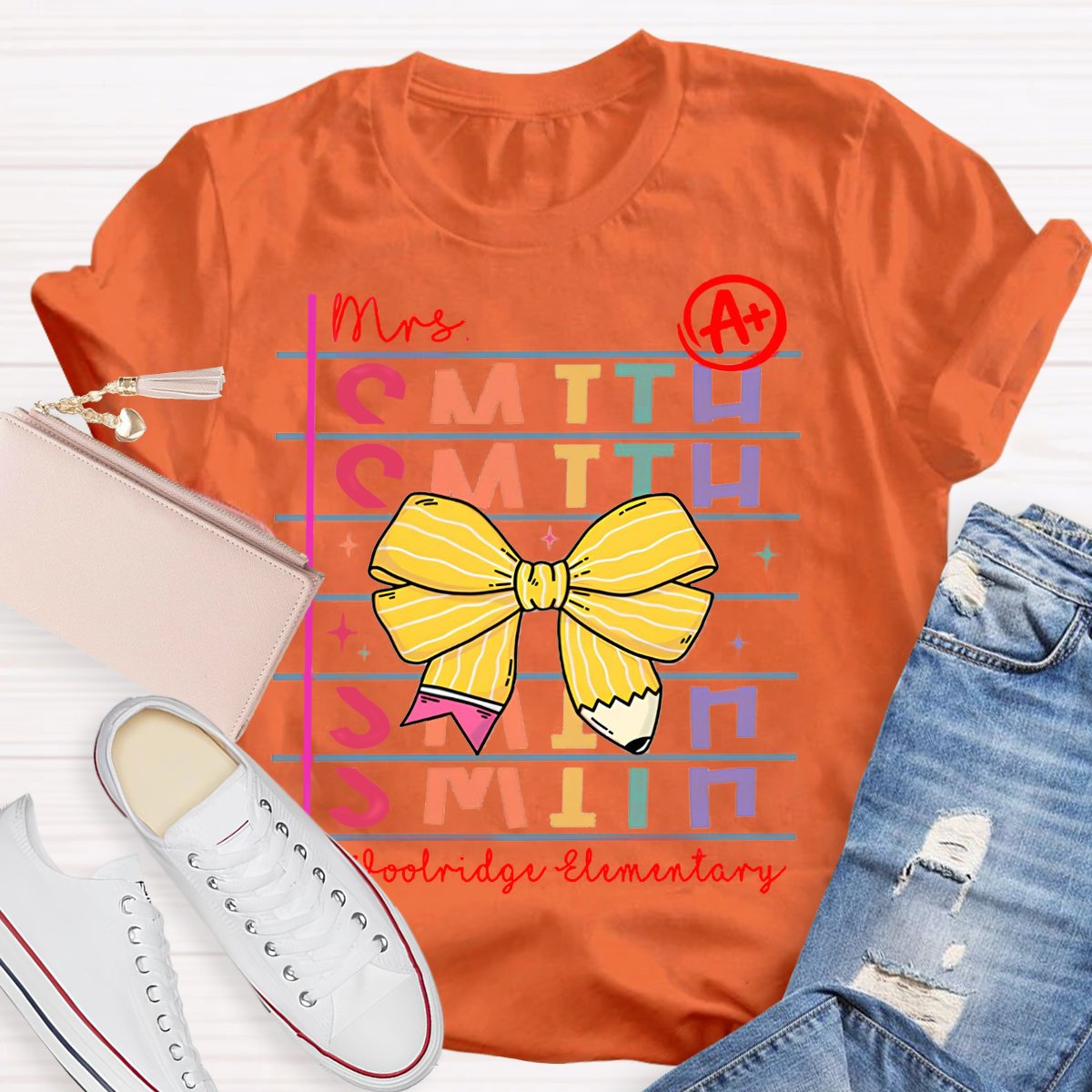 Personalized Teachers Name And School Name Bow pencil design T-Shirt