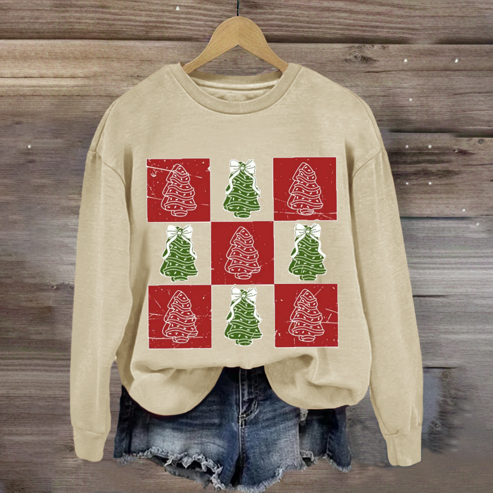 Retro Checkered Christmas Tree Cake Coquette Bow Sweatshirt