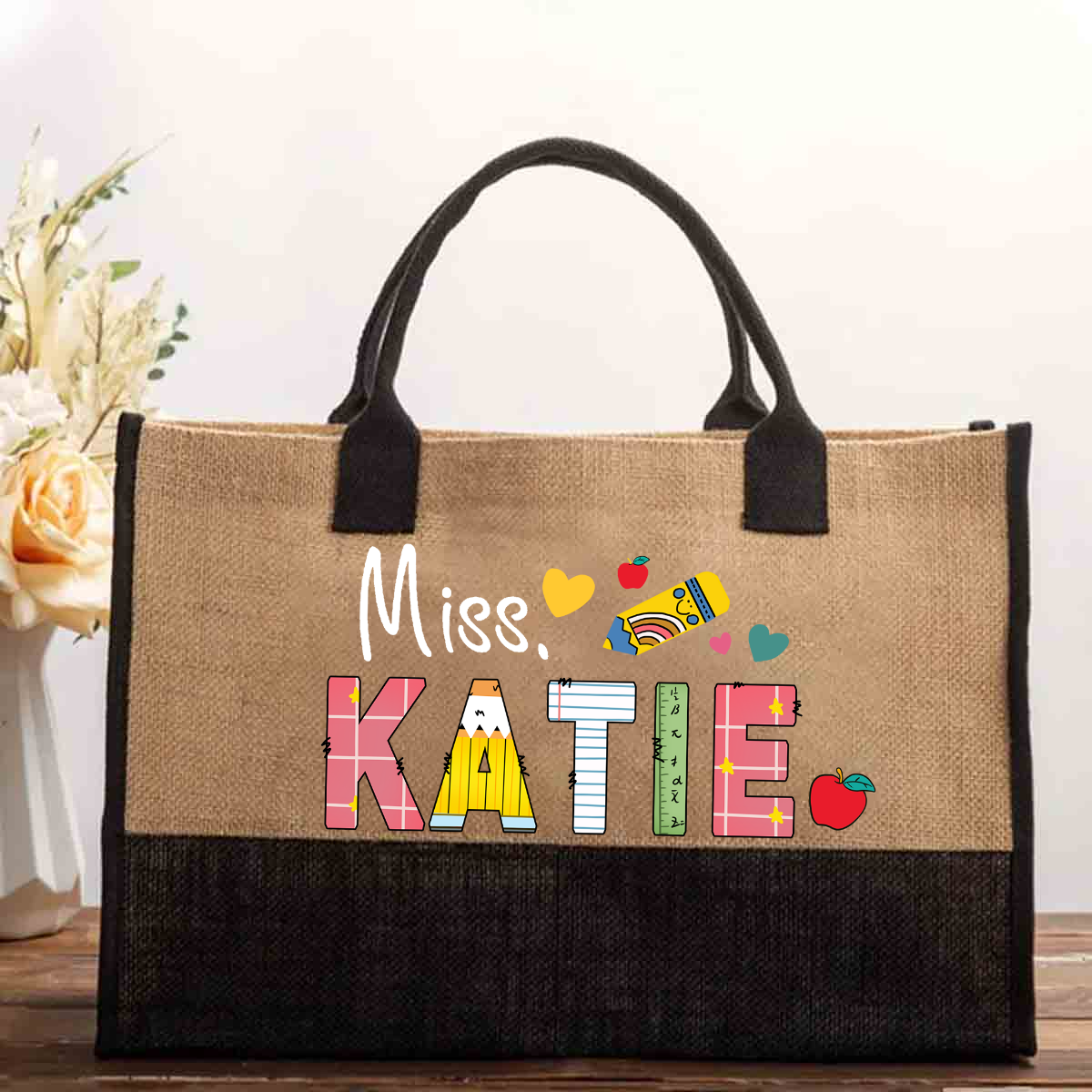 Personalized Name Apple Pencil Teacher Cotton Tote Bag