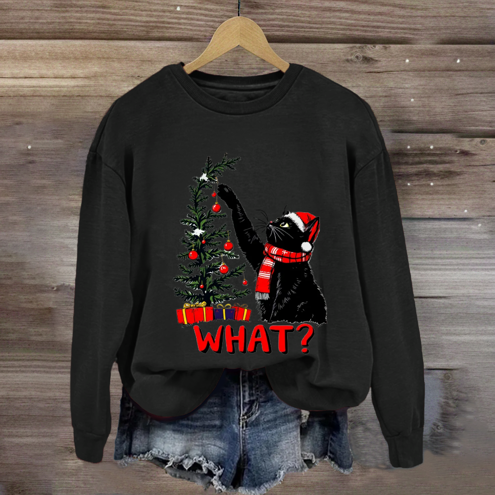 Black Cat Pushing Christmas Tree Sweatshirt