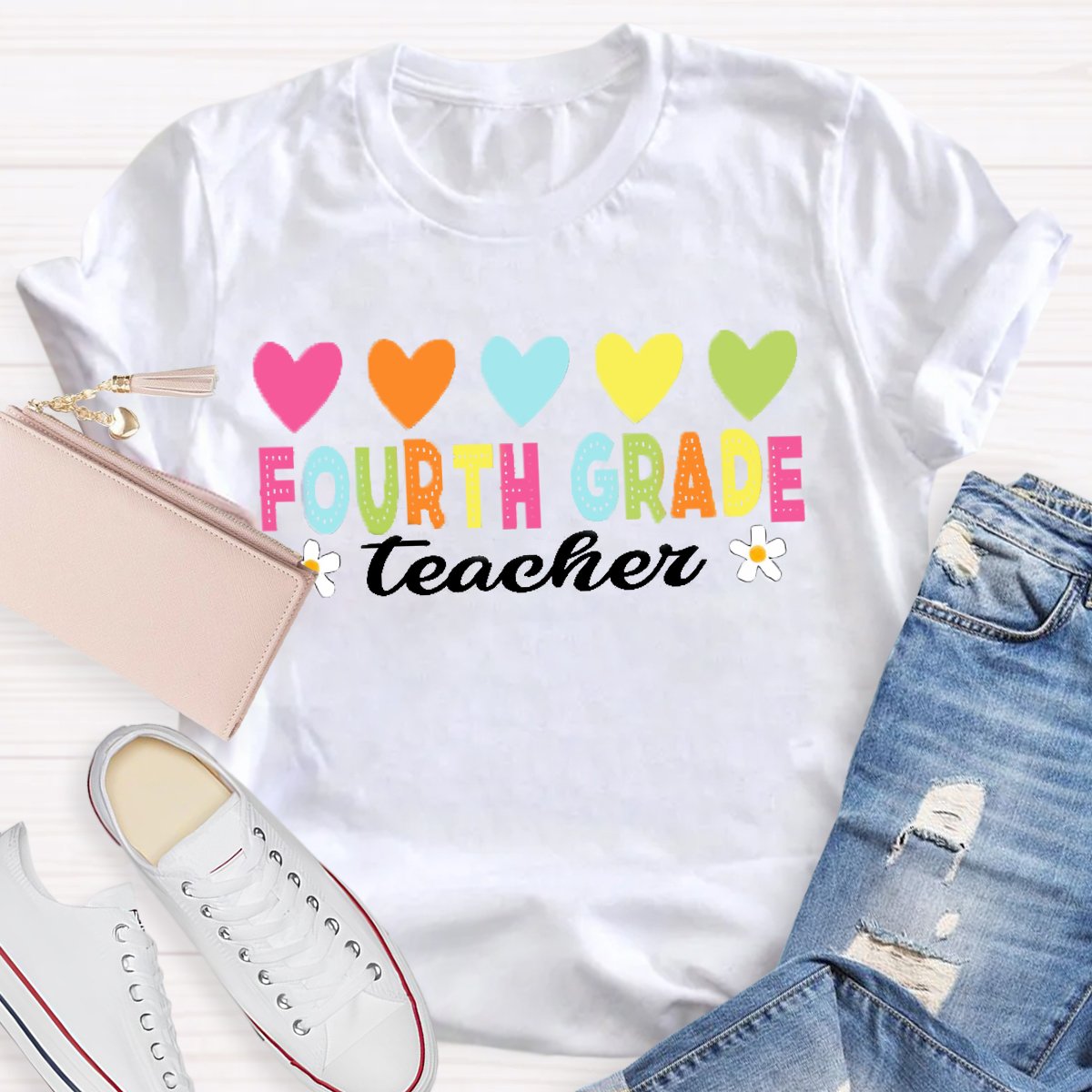 Personalized Grade Heart Print Teacher T-shirt