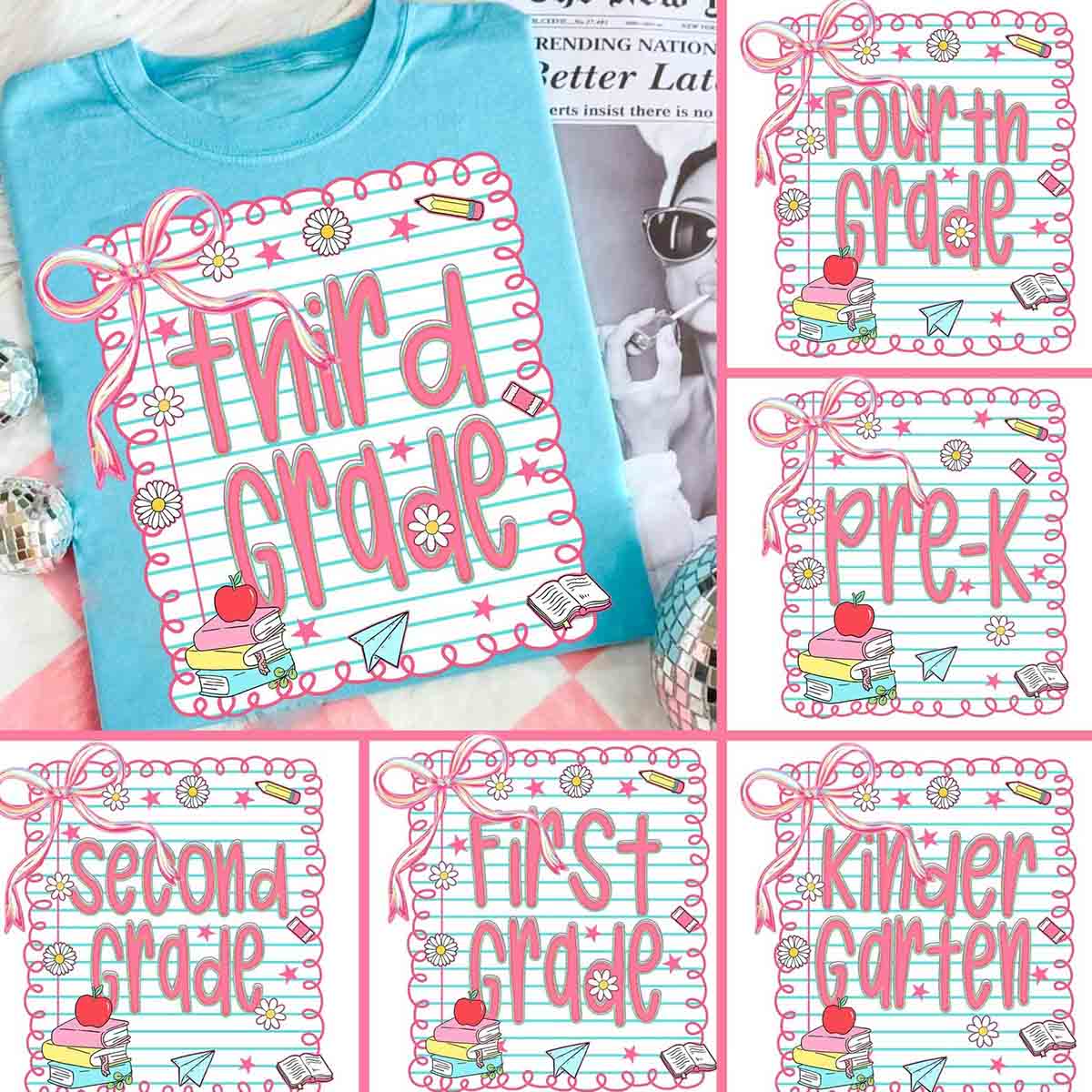 Personalized Grade Pink Bow Daisy Notebook T-shirt