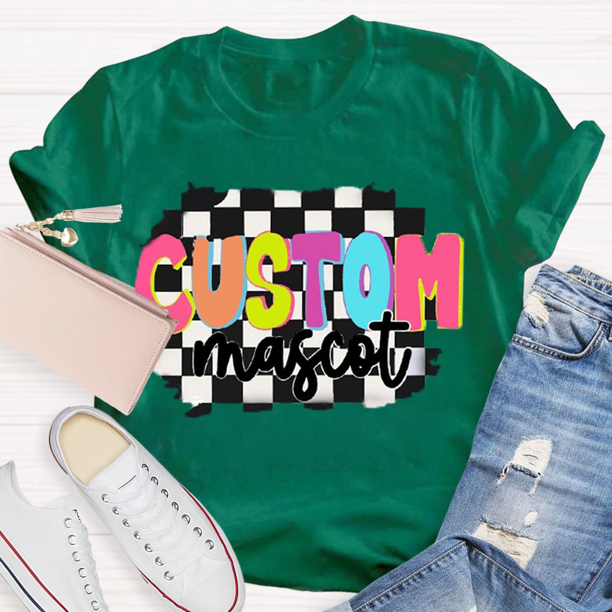 Personalized  Your Mascot Black And White Checkerboard Teacher T-Shirt