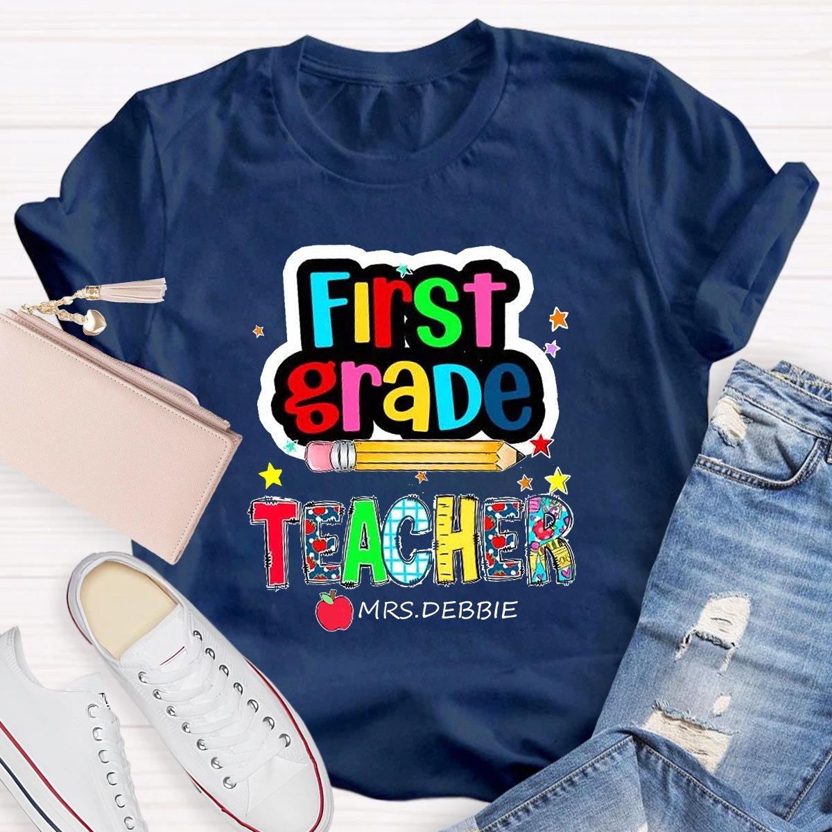 Personalized Grade And Name Color Pencil Stars Red Apple Teacher T-Shirt