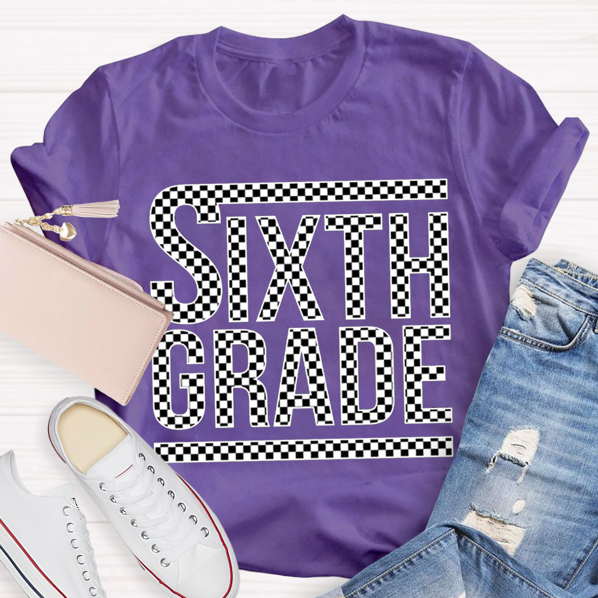 Personalized Plaid Grade Teacher T-Shirt