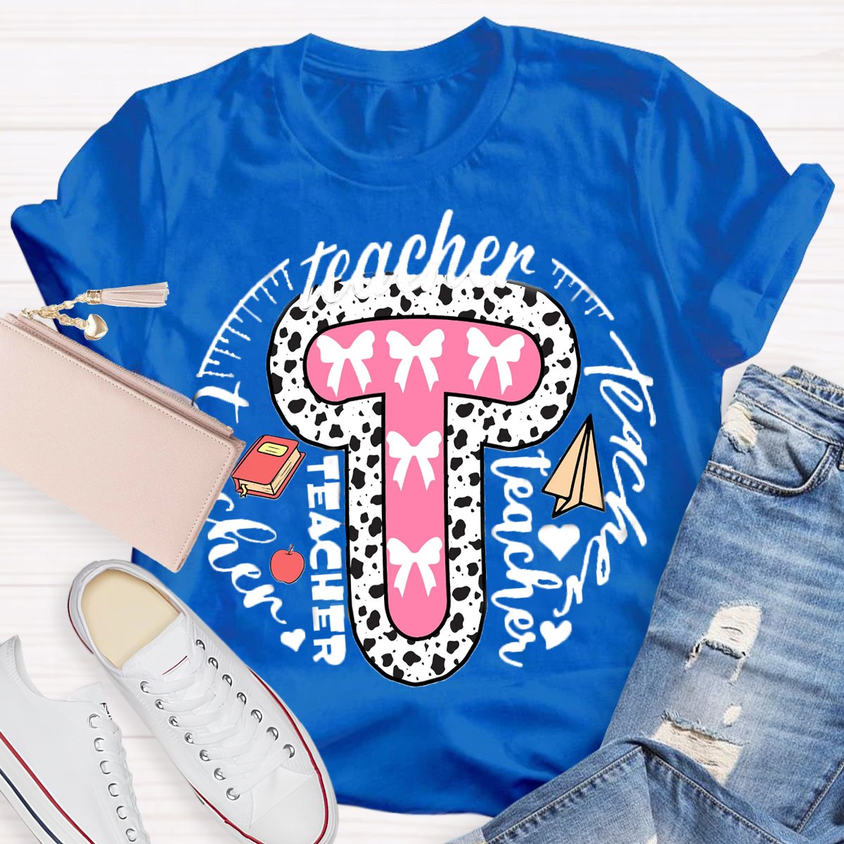 Teacher Typography Bow Print T-Shirt