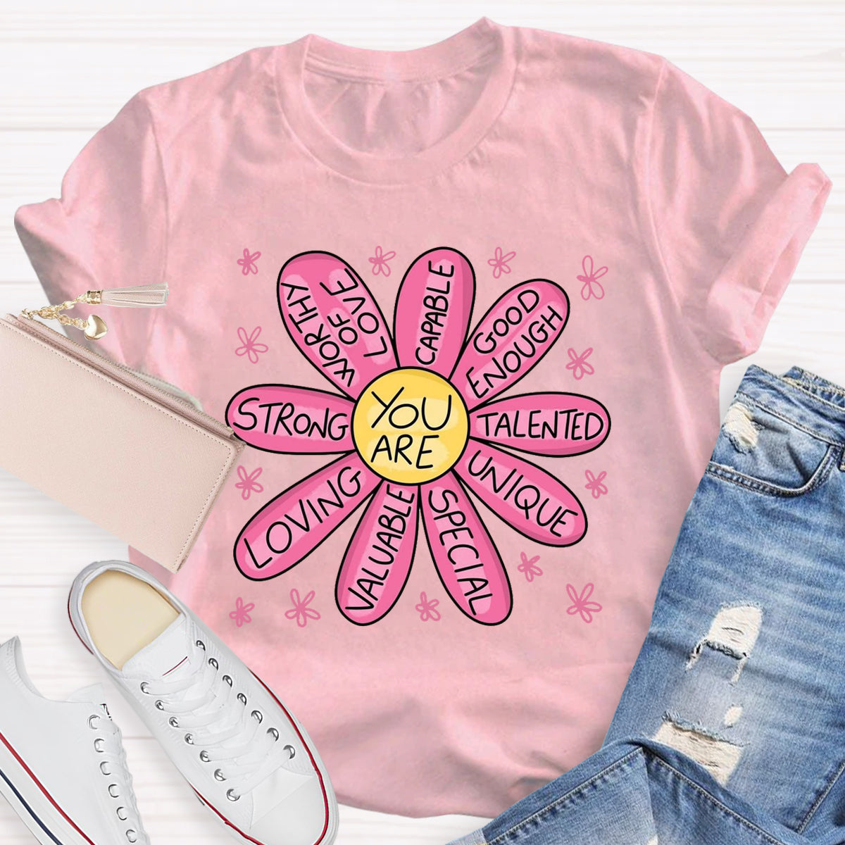 You Are Strong Loving Pink Floral Teacher T-Shirt