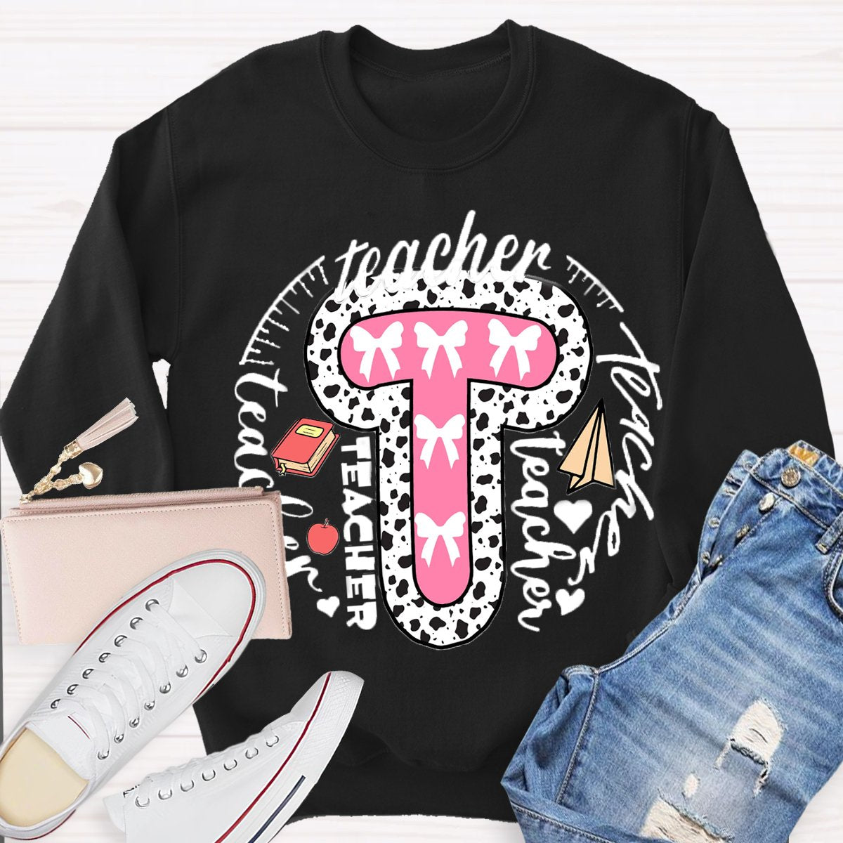 Teacher Typography Bow Sweatshirt