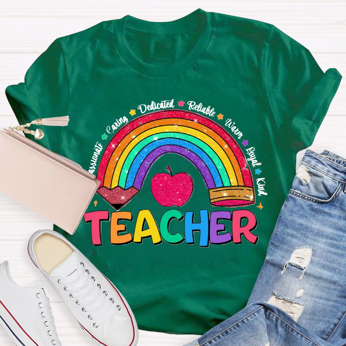 Glitter Teacher Rainbow Pencil Back To School T-Shirt