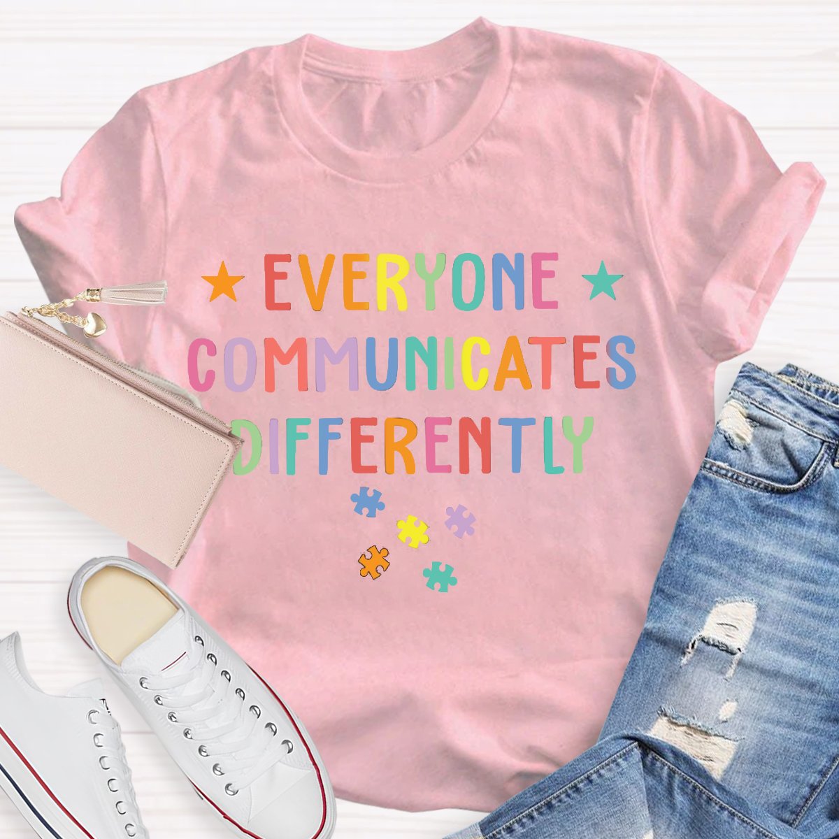 Everyone Communicates Differently Colored Puzzle Special Education Teacher T-Shirt