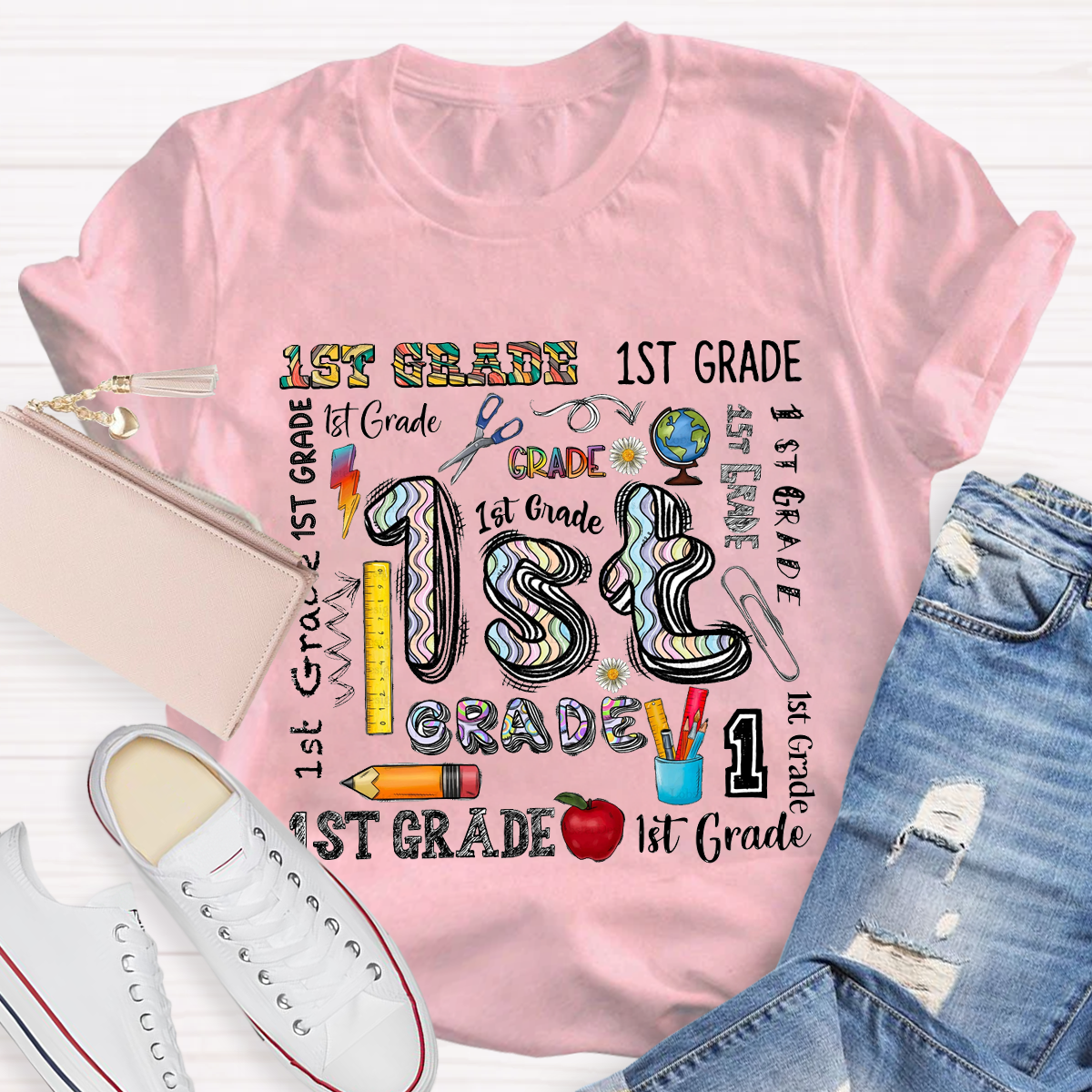 Personalized Grade School Supplies Icons Teacher T-Shirt