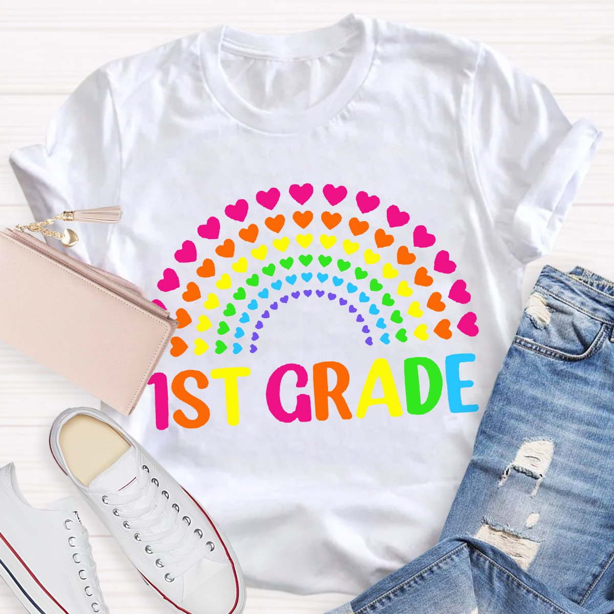 Personalized Grade Teacher Heart Rainbow Shirt