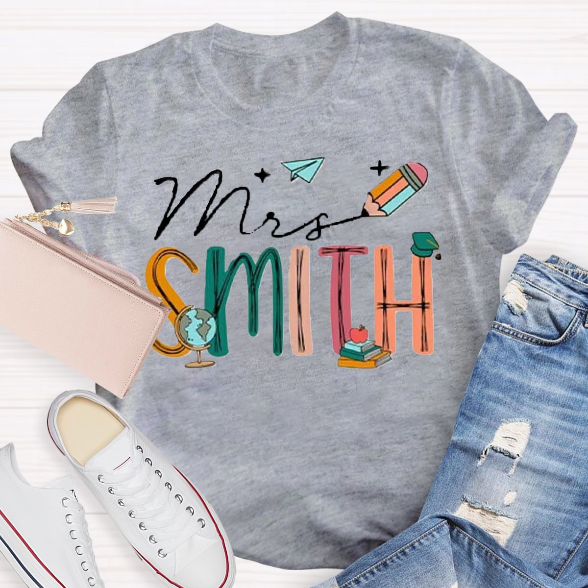 Personalized Name Earth Pencil Design Custom Teacher Shirt