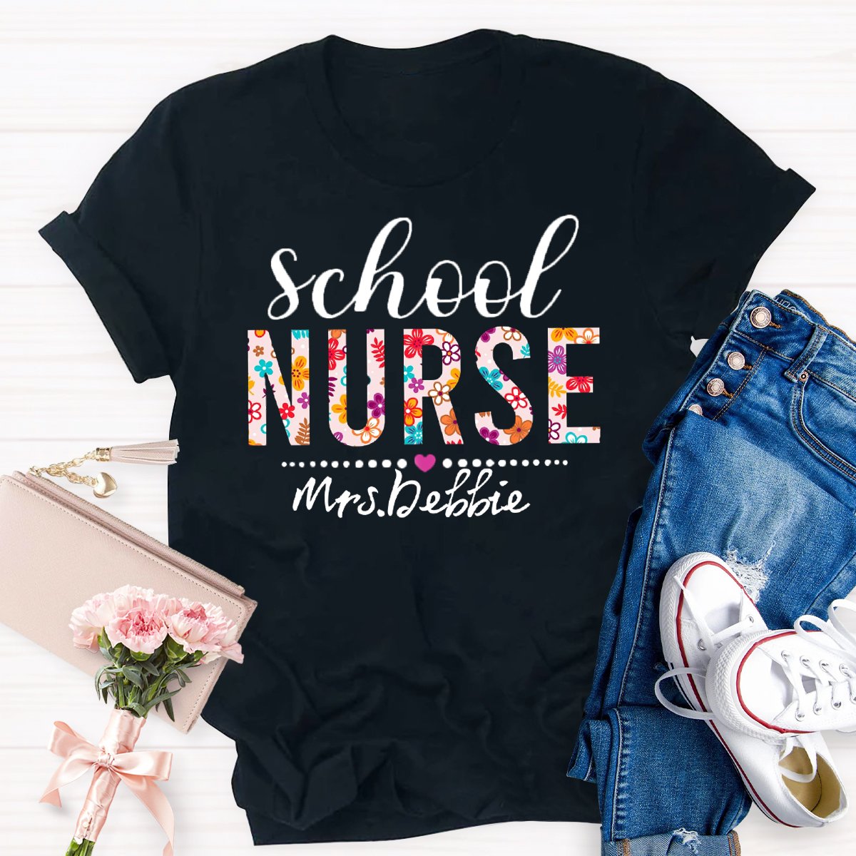 Personalized School Nurse Name Floral T-shirt