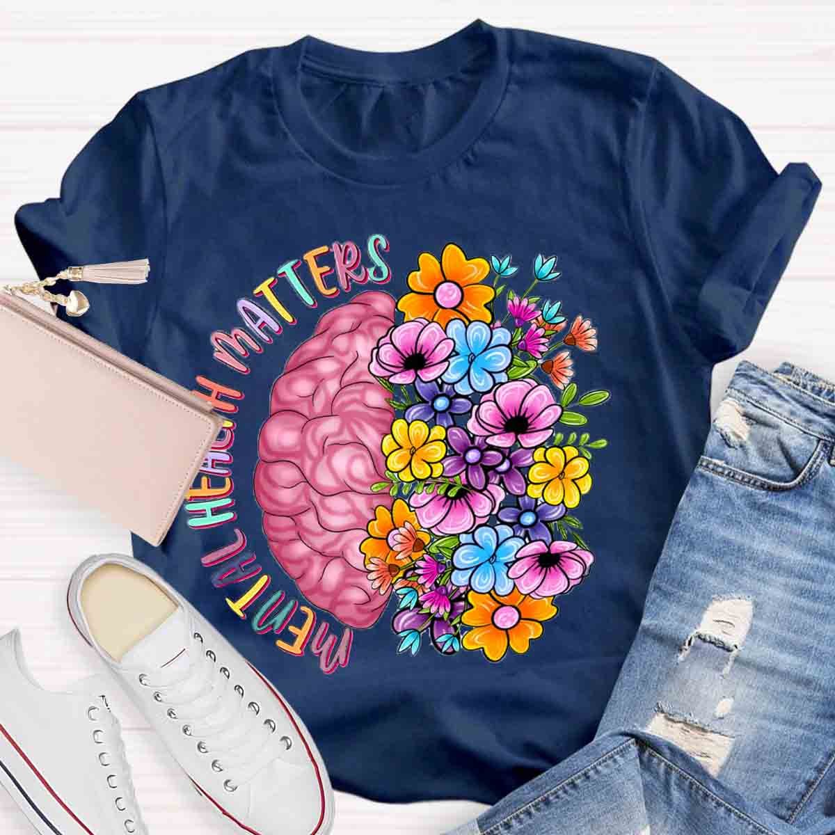 Mental Health Matters Half Brain Half Floral Skull T-Shirt