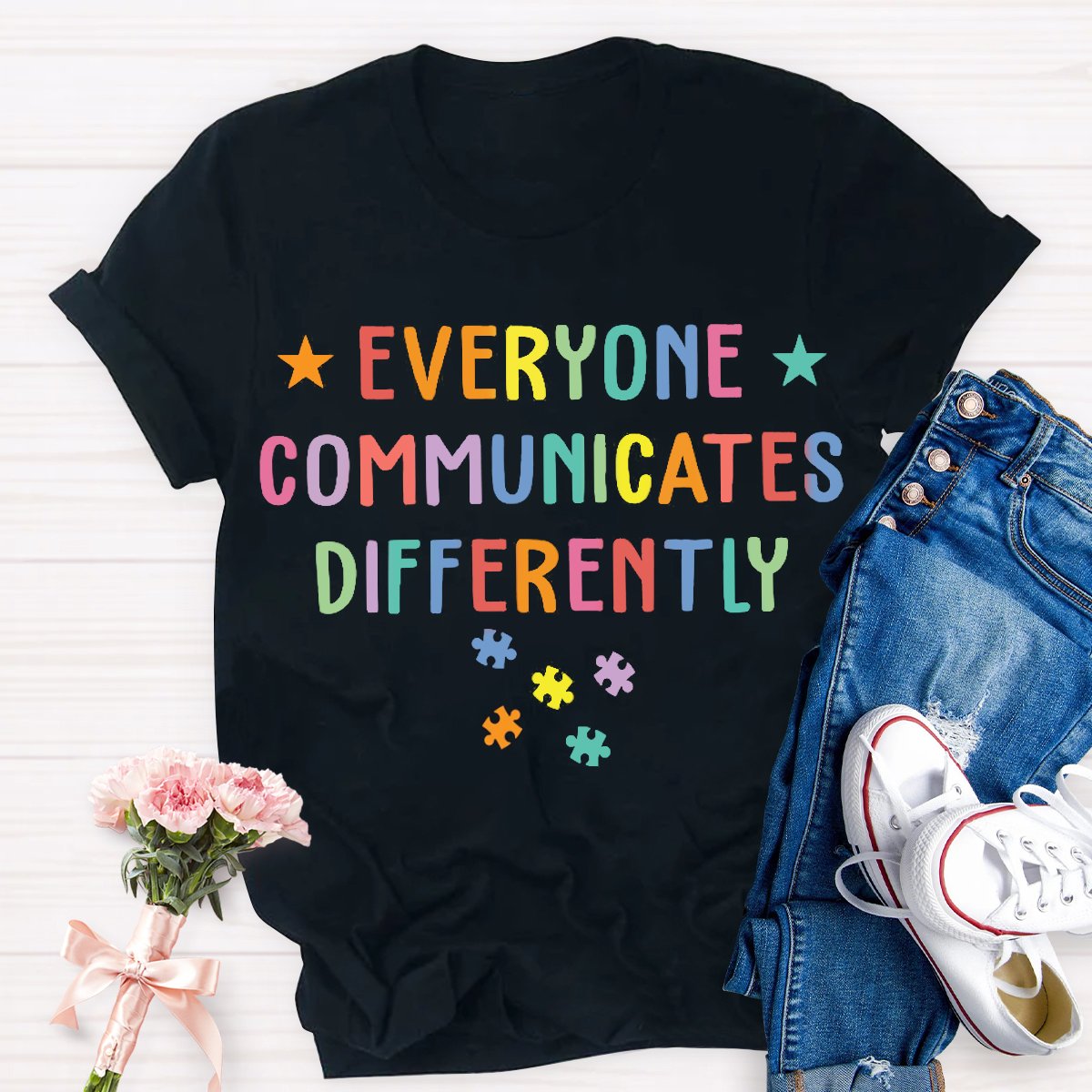 Everyone Communicates Differently Colored Puzzle Special Education Teacher T-Shirt