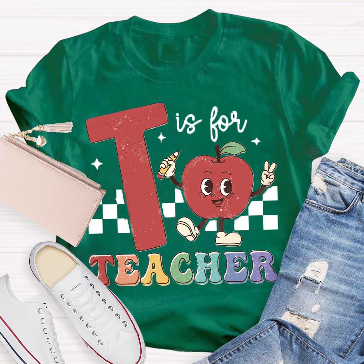 T is for teacher Apple Pencil Printed Back to school T-shirt