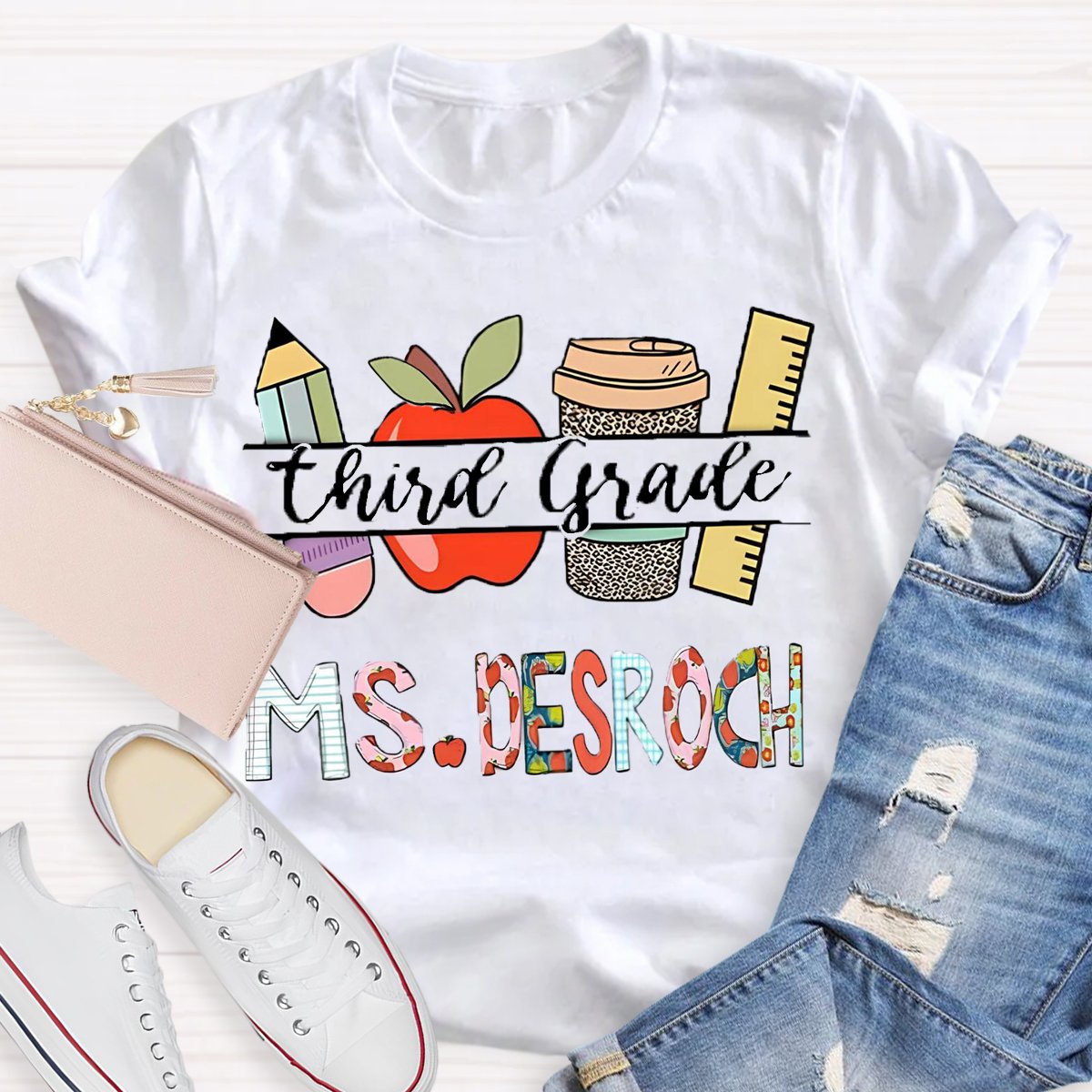 Personalized Grade And Name  Flower Letter Teacher T-Shirt